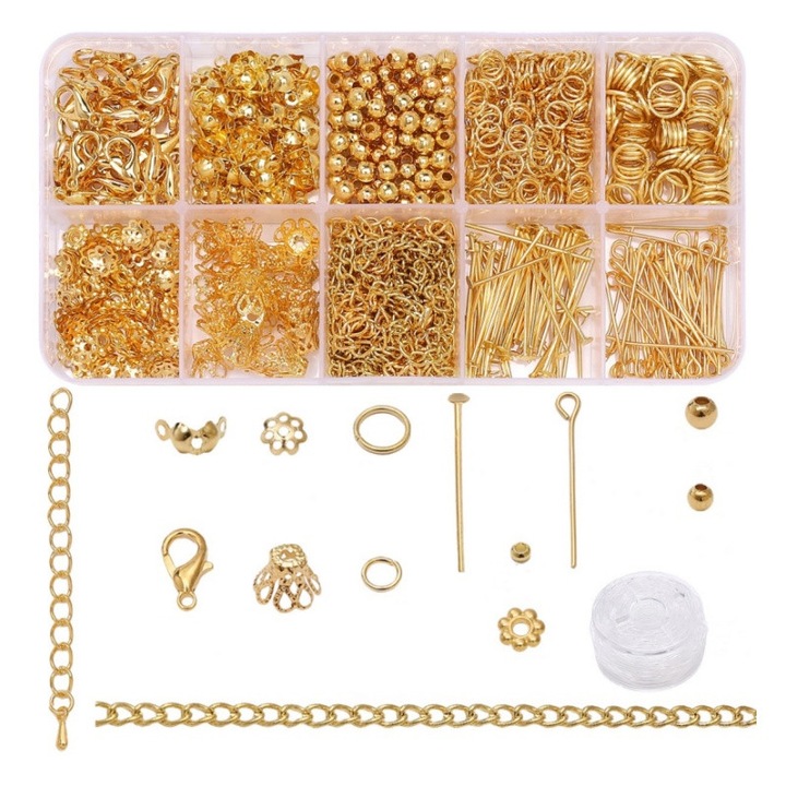 Set de accesorii pentru realizarea bijuteriilor, BOMSTOM, 822 buc, material metalic, cutie de depozitare, bronz auriu, 13x6.5x1.8cm