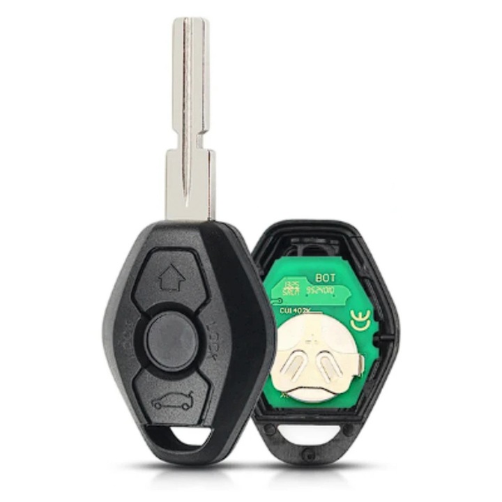 Пълен автомобилен ключ тип BMW с HU58 острие и транспондерен чип – Съвместим с модели BMW E36 (1990–2000), E39 (1995–2004), E46 (1998–2005), E38 (1994–2001), E53 X5 (1999–2006) – Необработено острие + чип включени – Изисква програмиране – Без лого