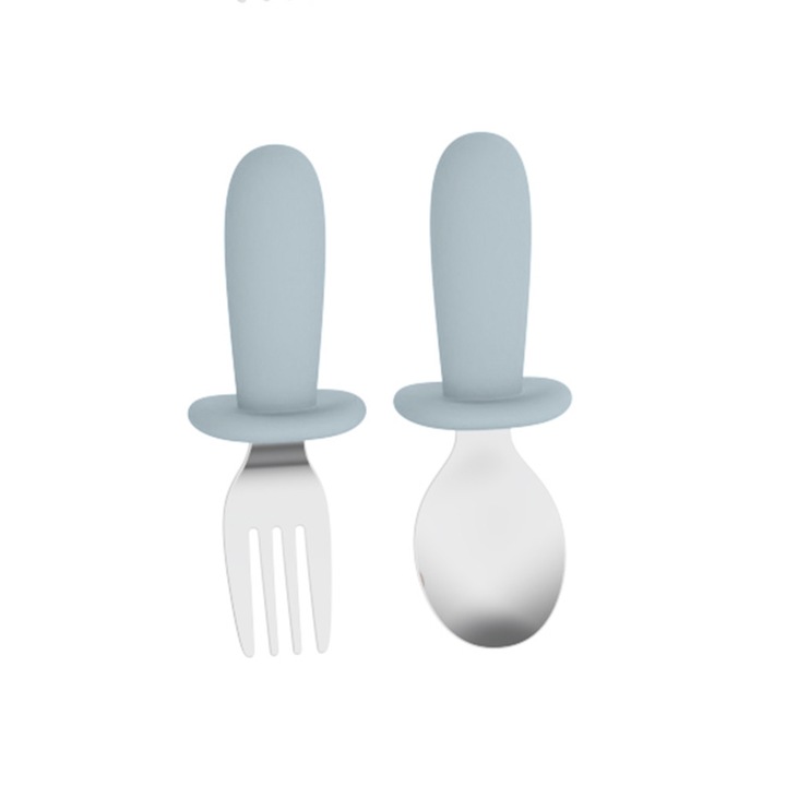 Комплект от 2 бебешки прибора за хранене, вилица и лъжица, силикон за хранителни цели и неръждаема стомана, небесносиньо, 10.4x3.5x2.6 см