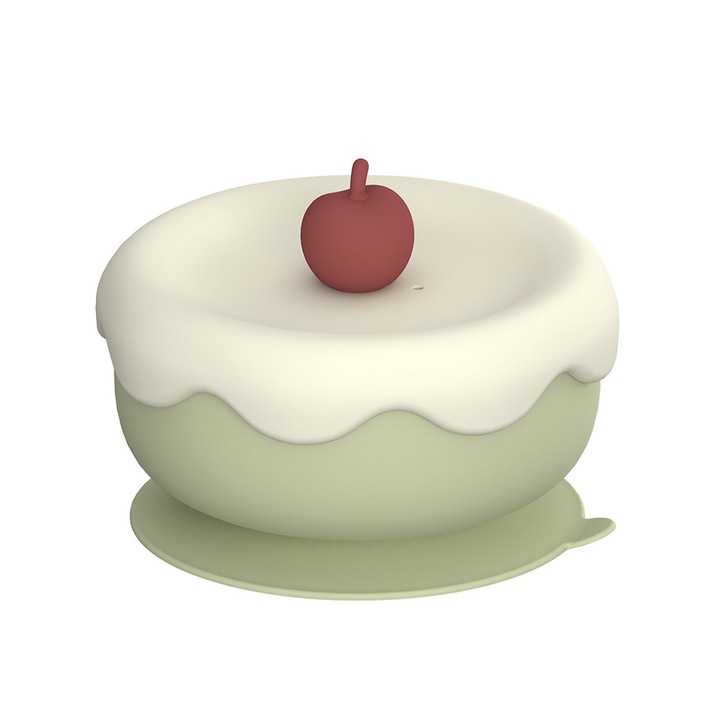 Bol cu ventuza si capac pentru diversificare bebelusi, silicon de calitate alimentara, fara BPA, bej si verde menta, 6 luni - 8 ani