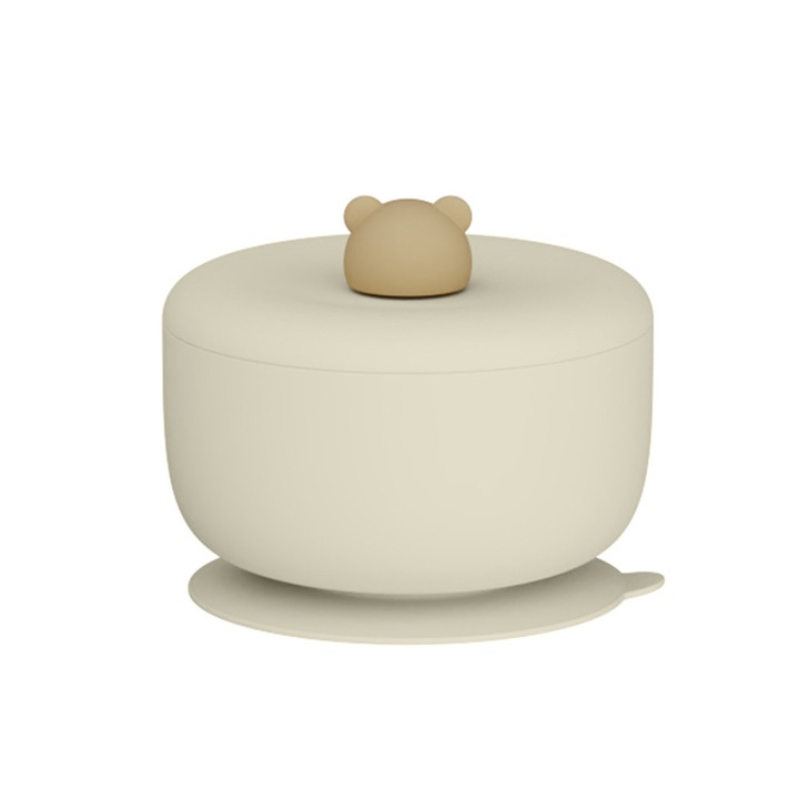 Bol din silicon pentru bebelusi, bej, 92x116x85mm, fara BPA, cu capac ermetic