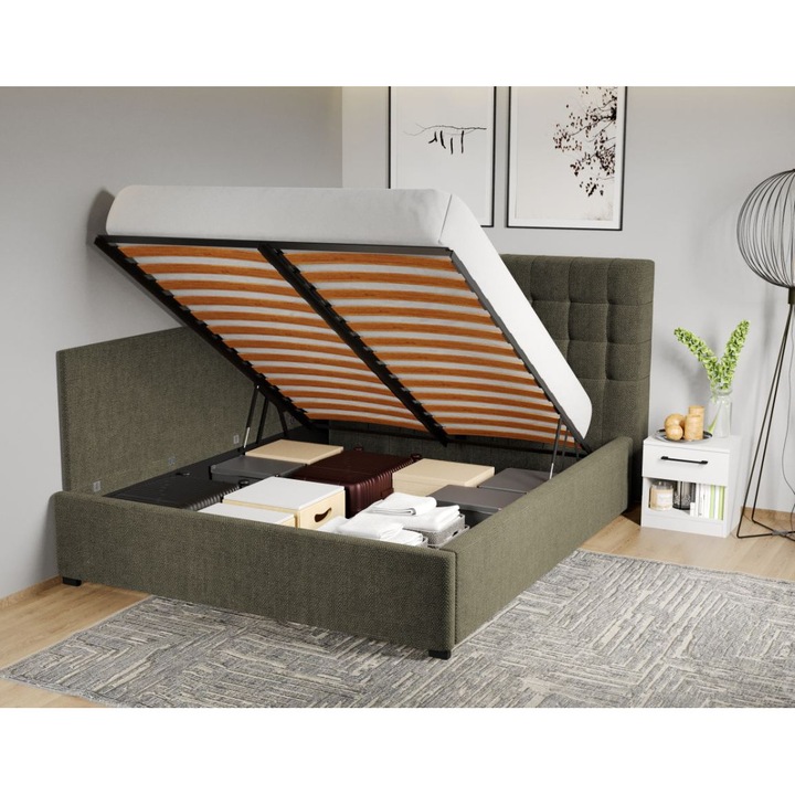 Pat Tapitat de colt, Rivo cu Somiera Rabatabila si lada, 140x200, Verde inchis/Eden 12