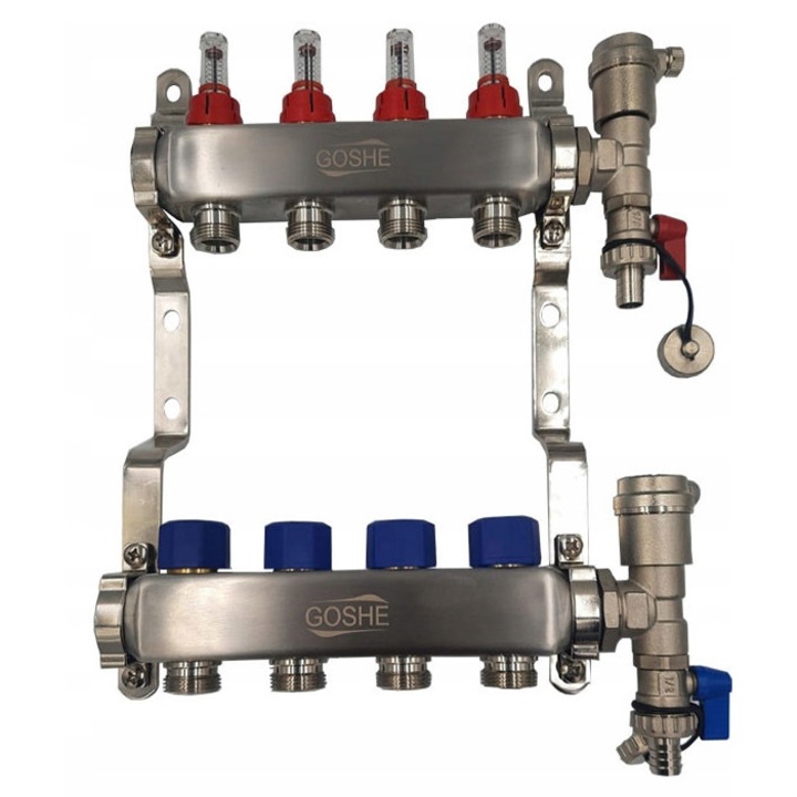 Distribuitor inox 5 circuite GOSHE, 2 supape de reglare, 2 supape termoregulatoare, 2 troitei din alama, 1/2", 100mm