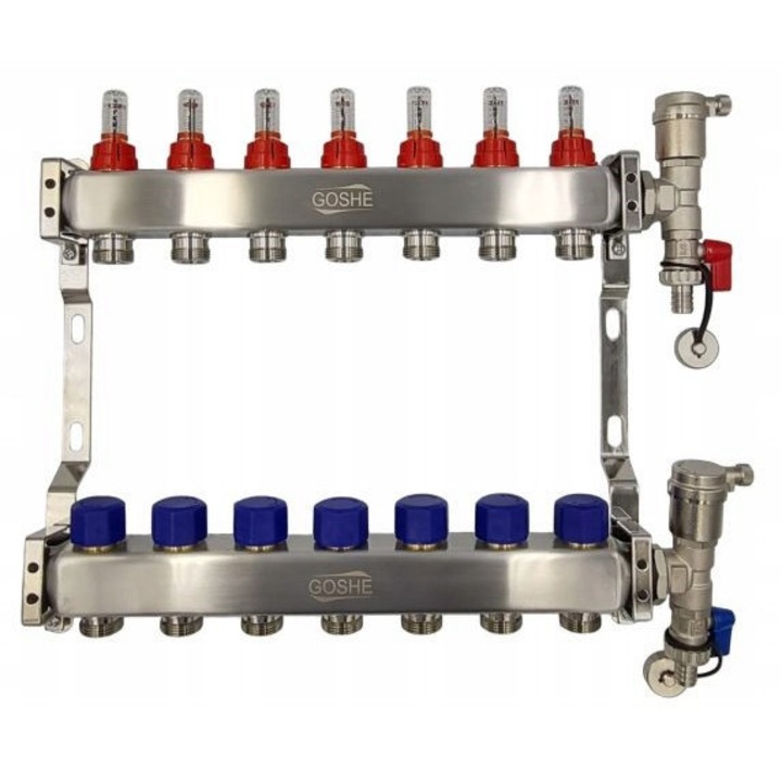 Distribuitor inox 16 circuite GOSHE, 2 supape de reglare, 2 supape de aerisire automate, 1/2", 100mm