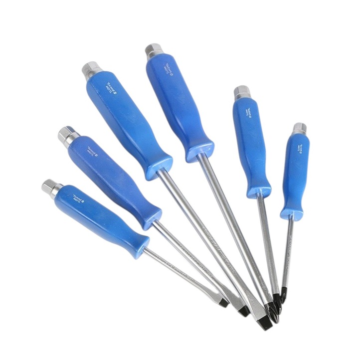 6 darabos csavarhúzó készlet, univerzális és hordozható, egyenes és kereszt, acél anyagból, professzionális, autószerviz, háztartási, ellenálló, kényelmes és ergonomikus fogantyú, kék