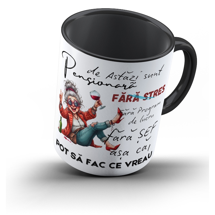 Cana PENSIONARA Termosensibila, Model 3, negru, ceramica, 330ml