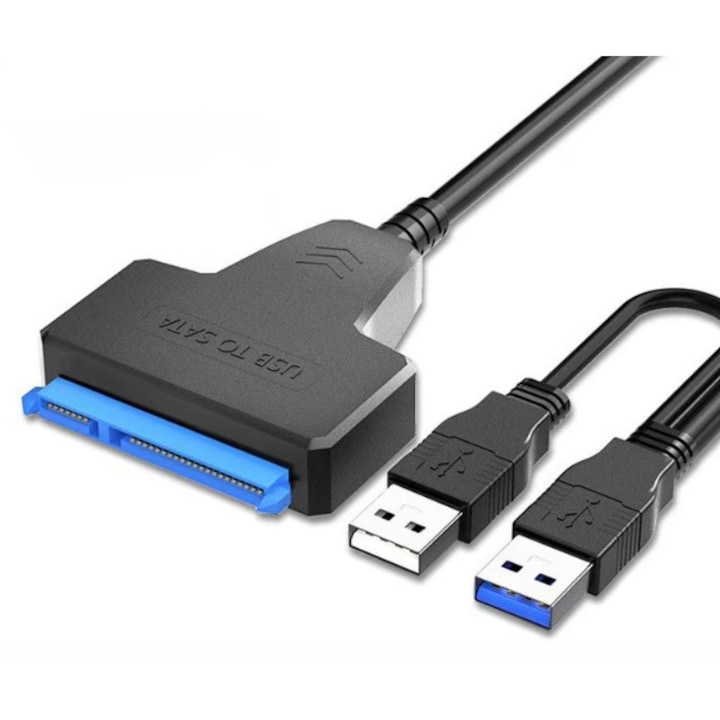USB 3.0 към SATA адаптер, 2 USB Plug and play, за HDD/SSD, независим захранващ порт, 30 см, черен