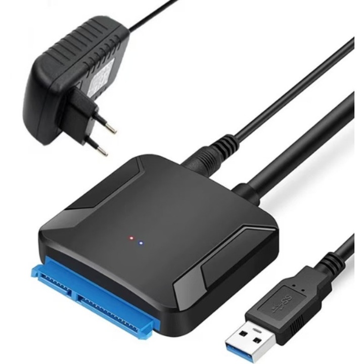 USB 3.0 към SATA адаптер, със захранване, plug and play, за 2.5/3.5 инчов HDD/SSD, 45 см, черен