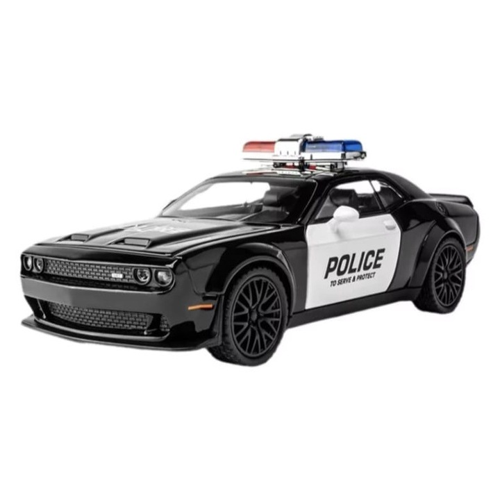Masinuta metal mecanica, tip Jeep Dodge Challenger Hellcat Police, scara 1:24, sunete, usi mobile, capota mobila, portbagaj mobil, negru, 20 cm