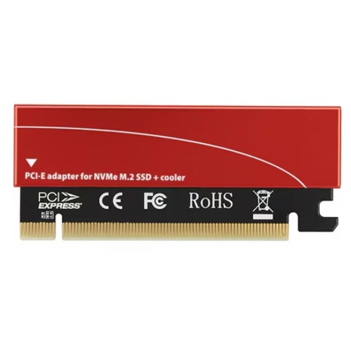 Адаптер, Карта PCI-E x4 PCEM2-S, Пасивен охладител, адаптер към 1x M.2 NVMe SSD, M.2 2230/2242/2260/2280, Червен