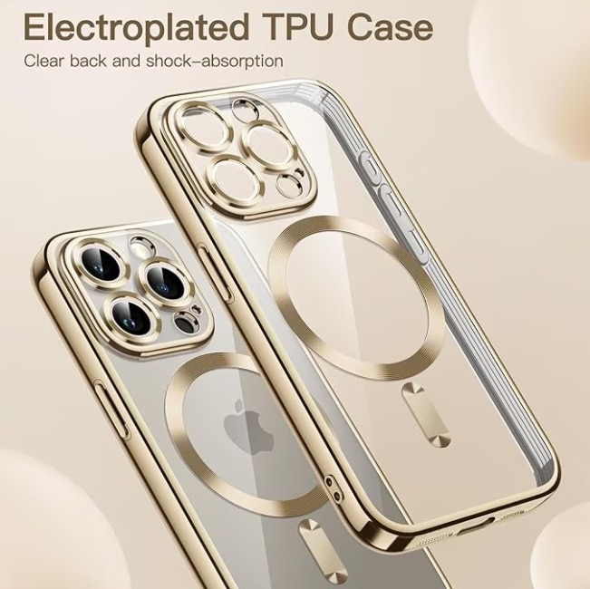Husa pentru iPhone 16 Pro, Protectie camera, Silicon, Transparent, Compatibila iPhone 16 Pro, Luxe Armor, Magsafe, Auriu