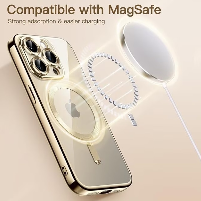 Husa pentru iPhone 16 Pro, Protectie camera, Silicon, Transparent, Compatibila iPhone 16 Pro, Luxe Armor, Magsafe, Auriu