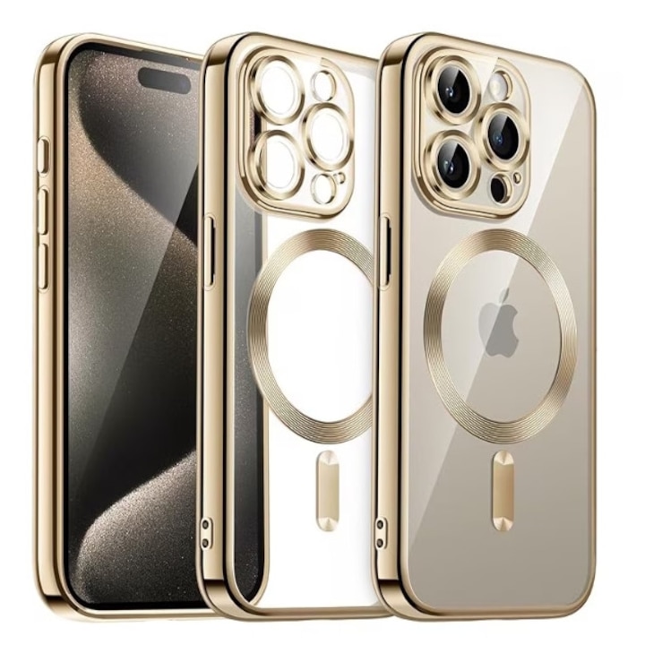 Кейс за iPhone 16 Pro, Защита на камерата, Силиконов, Прозрачен, Съвместим с iPhone 16 Pro, Luxe Armor, Magsafe, Златист