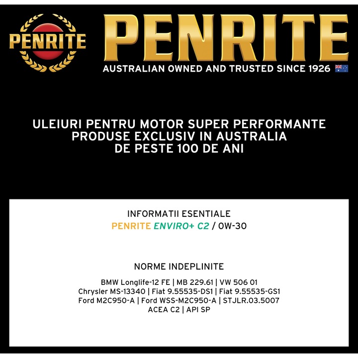 Ulei motor premium, Penrite Enviro+ C2, 0W30, full sintetic, 5 litri