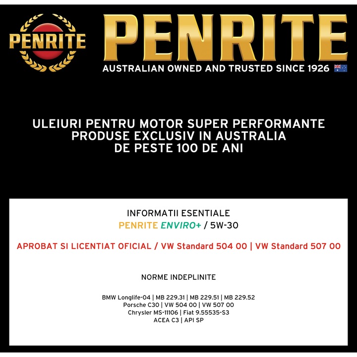Ulei motor premium, Penrite Enviro+, 5W30, full sintetic, 5 litri