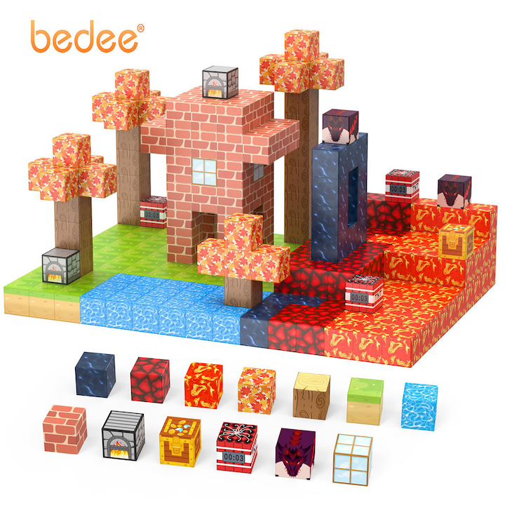 Set inteligent de constructie cu blocuri magnetice, Bedee, Minecraft, 100pcs, 2x2x2cm, Blocuri de constructie magnetice STEM educative creative, Multicolor