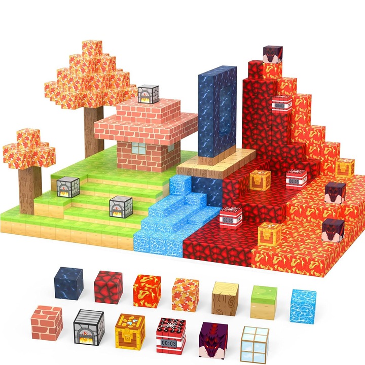 Set inteligent de constructie cu blocuri magnetice, Bedee, Minecraft, 100pcs, 2x2x2cm, Blocuri de constructie magnetice STEM educative creative, Multicolor