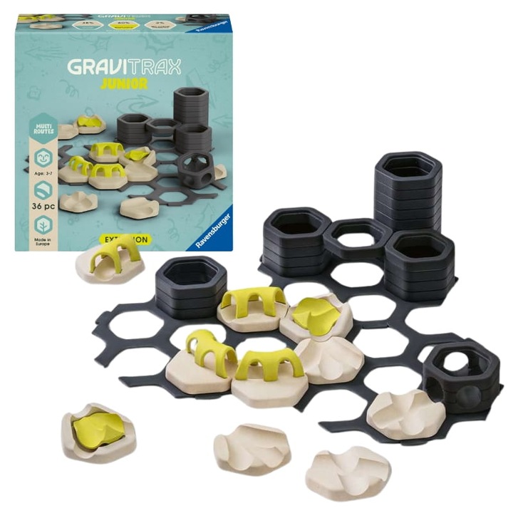 Комплект Gravitrax Junior, Ravensburger, Разклонени части, Допълнителни пътеки и прелези, Тематични декоративни части, Възраст 3+, Пластмасов материал, Тегло 0,5 кг, Размери 10 см x 10 см x 10 см, Многоцветен
