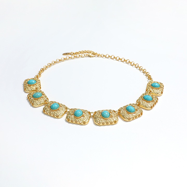 Colier Dama Vintage Chic Francez de Lux cu Piatra Turcoaz, Aur 18K Placat Anti-Decolorare, Stil Clavicula pentru Banchete