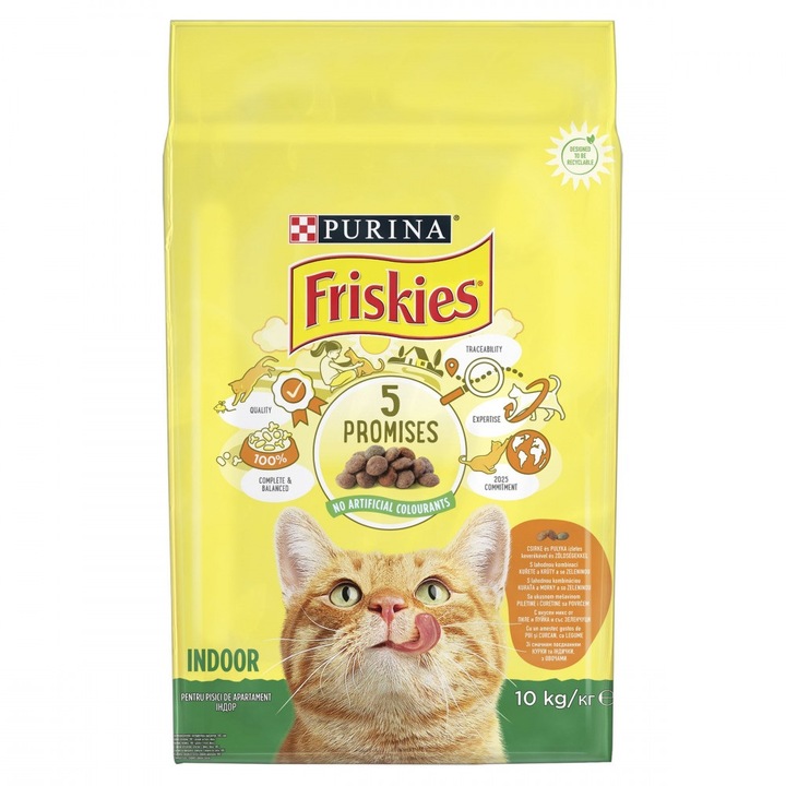 Храна за котки в зряла възраст PURINA®FRISKIES® INDOOR, живеещи на закрито, Пиле и Зеленчуци, Суха храна, Плик,10kg