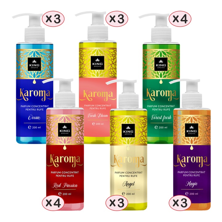 20 darabos mosodai parfüm-koncentrátum készlet, KAROMA - Ocean, Fresh Bloom, Forest Fresh, Red Passion, Angel, Magic, 20 x 200 ml