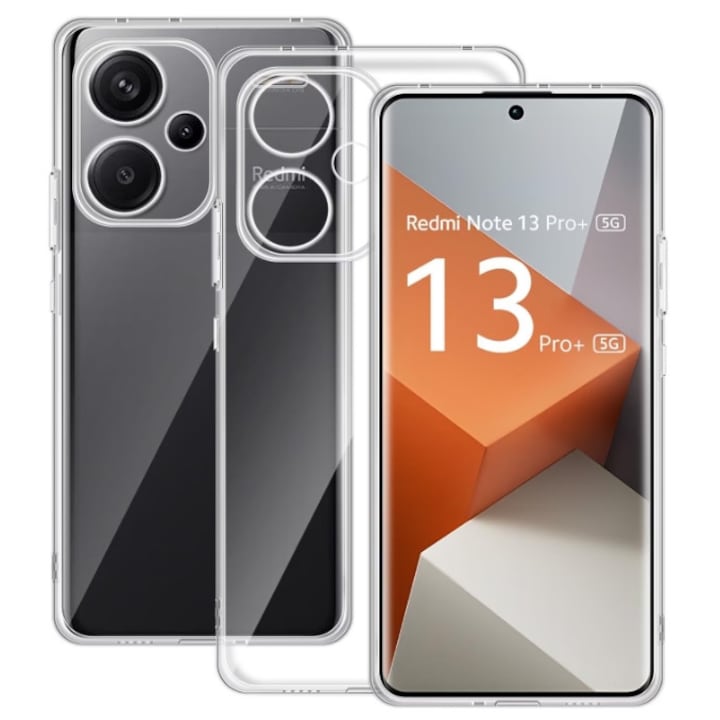 Защитен калъф, съвместим с Xiaomi Redmi Note 13 Pro+ Plus 5G, антишок 1.5 мм, със защита на лещата, прозрачен