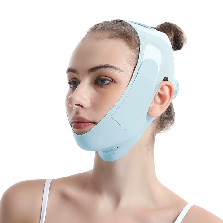 ESensio V-Neck Line маска за лице с лифтинг ефект за контуриране на лицето, брадичка, назолабиални гънки, стягане на кожата, за многократна употреба, еластичен материал от ликра, удобна и дишаща, синя