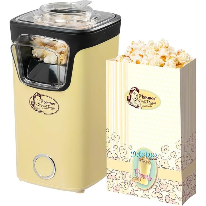 Aparat de facut floricele Bestron Turbo – Floricele in mai putin de 2 minute, cu tehnologie pe baza de aer cald, include 10 pungi pentru floricele si cupa de masurare integrata, galben