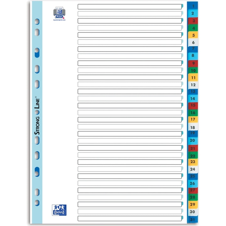 Index Plastic Numeric Oxford A4 1-31, 31 File/Set, 11 Perforatii Pentru Indosariere, Include Cuprins, Culori Asortate