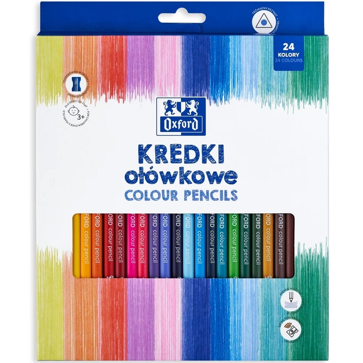 Creioane Colorate Oxford, Varf 3Mm, Triunghiulare, Set 24 + Ascutitoare, Include Auriu, In Cutie De Carton