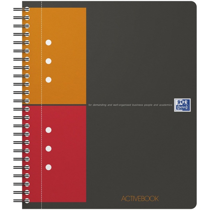 Agenda Organizator Oxford International Active Book, A5+ 80F, Hartie Optik 90G/Mp, Spira Dubla, Scribzee, Coperta Pp, Pefc, Margini Duble Si Antet, Microperforatii Si 10 Perforatii, Semn Carte/Separator Repoz, Buzunar Interior, Patratele, Culoare Gri
