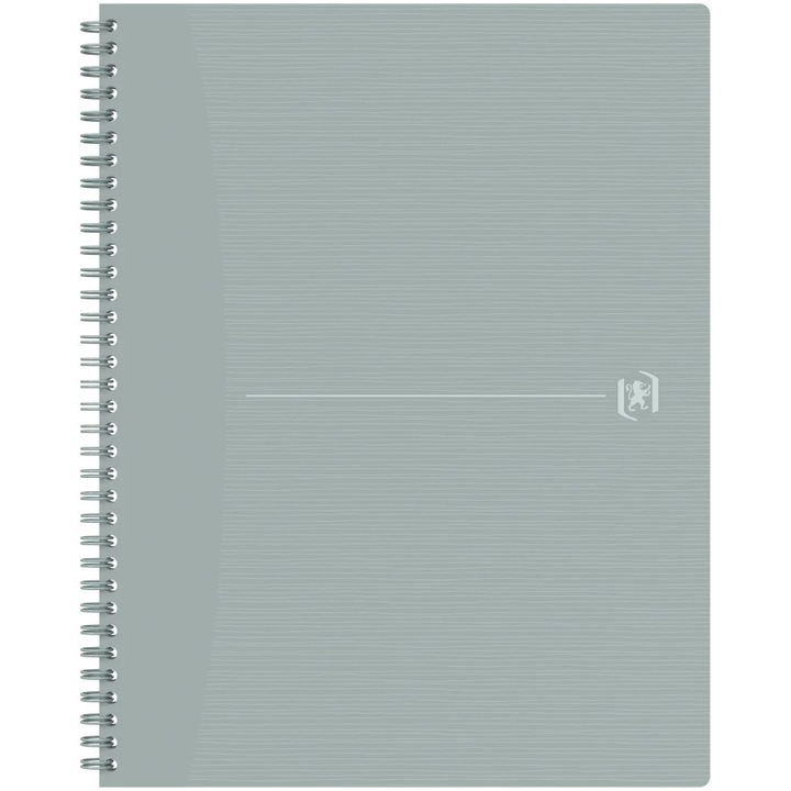Caiet Oxford Origins, A4+ 70 File, Hartie Optik 90G/Mp, Spira Dubla, Scribzee, Ecolabel, Coperta Plastifiata Flexibila, Microperforatii, Margini Liniate, Pagina Info Personale, Dictando, Culoare Gri