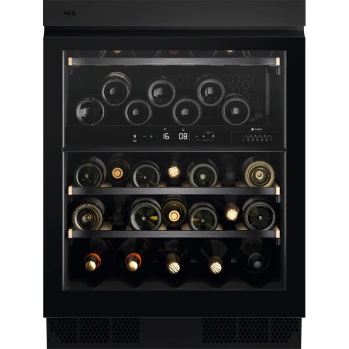 Racitor de vinuri incorporabil AEG NSW8D826GT, 40 sticle, 122 l, Control electronic, Zona dubla de control, Motor Inverter, Indicator temperatura, Usa reversibila, Clasa G, H 82 cm, Negru