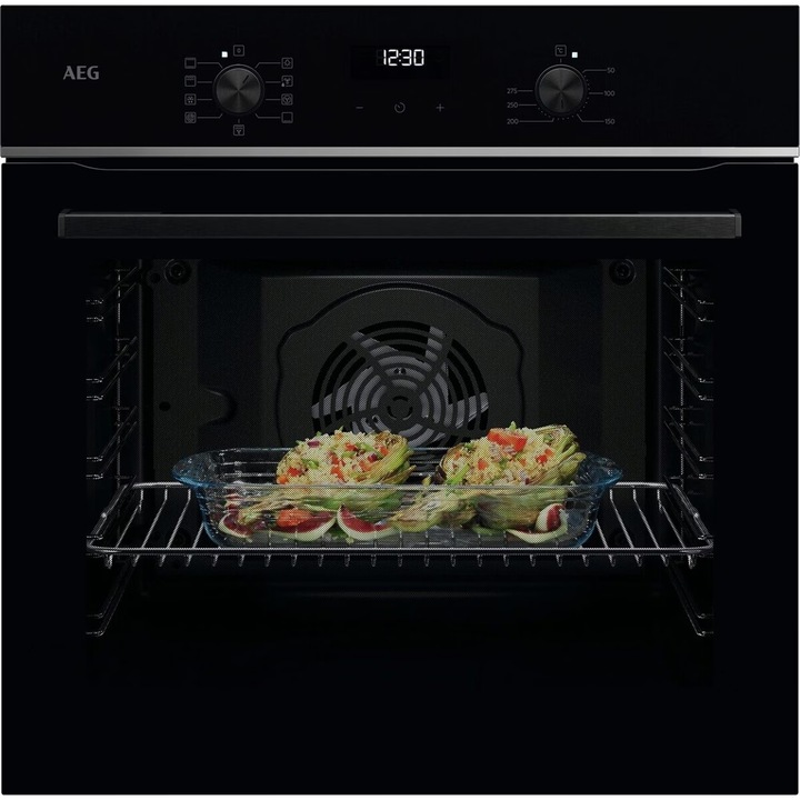 Фурна за вграждане AEG TU5AB21FSB, Електрическа, Грил, Телескопични водачи с 1 ниво, Нетен обем 72 л, Клас A+, Черно стъкло