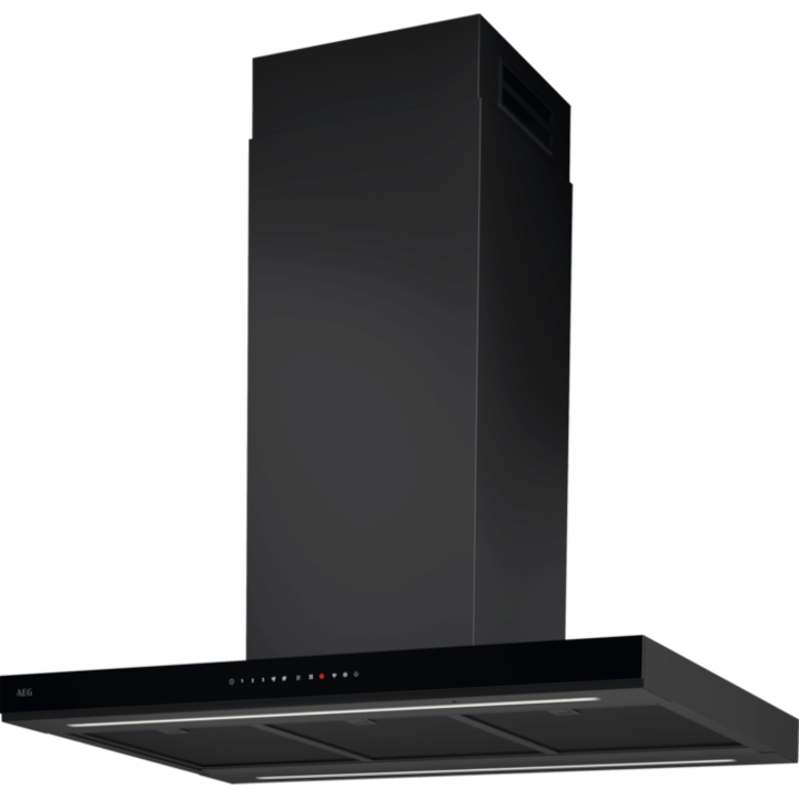 Островен абсорбатор AEG GI87D91CB, Абсорбираща мощност 760 м3/ч, 1 мотор, Сензорно управление; Auroratech, Свързване на котлони, Функция Breeze, 90 см, Неръждаема стомана/Черен