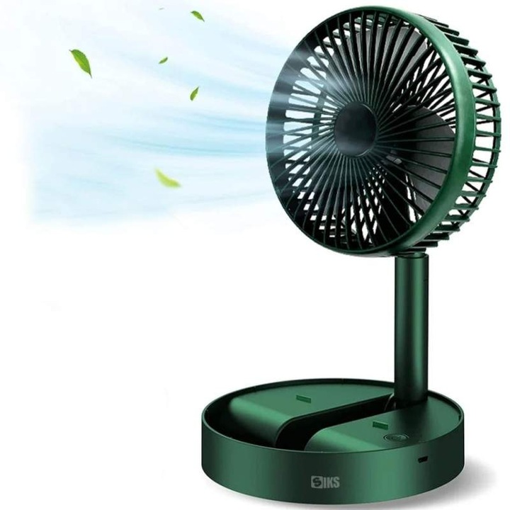 Ventilator Portabil SIKS De Birou Cu 3 Viteze, Pliabil, Inaltime Reglabila, Reglabil 180 Grade, Cu Suport Telefon, Incarcare USB, Motor Brushless, Silentios, Pentru Casa, Camping, Acumulator 4500 mAh, Verde