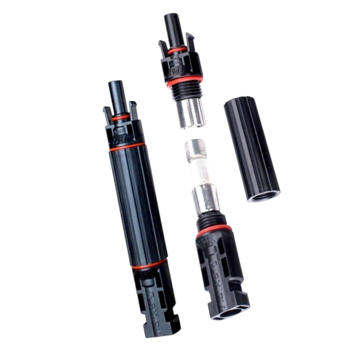 Conector tip MC4, cu siguranta fuzibila 20A, 1000V DC, 38x10mm, frecventa 50Hz, compatibil cablu solar fotovoltaic, sectiune 4mmp si 6mmp