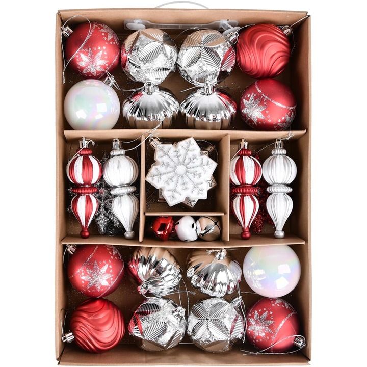 Set 40 globuri Craciun Beinhome, din plastic, cu fundite pentru agatat, decoratiuni pentru brad, argintiu si rosu