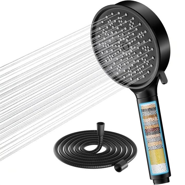Душ слушалка с филтър Elindor®, система за филтриране на питейна вода, защита против котлен камък, персонализируеми дюзи, универсален монтаж, идеална за ежедневна хигиена, съвместима с чувствителна кожа и крехка коса, черна