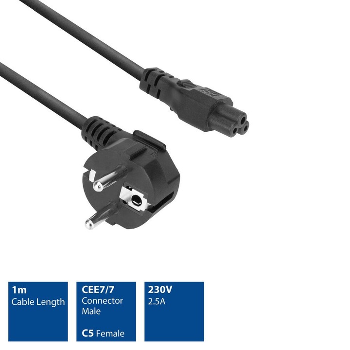 Conector de alimentare ACT Schuko CEE 7/7 (unghiat) - C5 IEC 60320, 1m, Negru