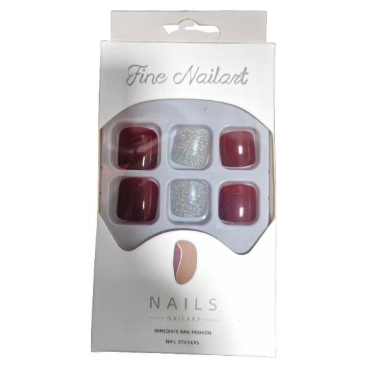 Set 24 unghii false pentru picioare, Tip press on, Set complet, Argintiu/Rosu