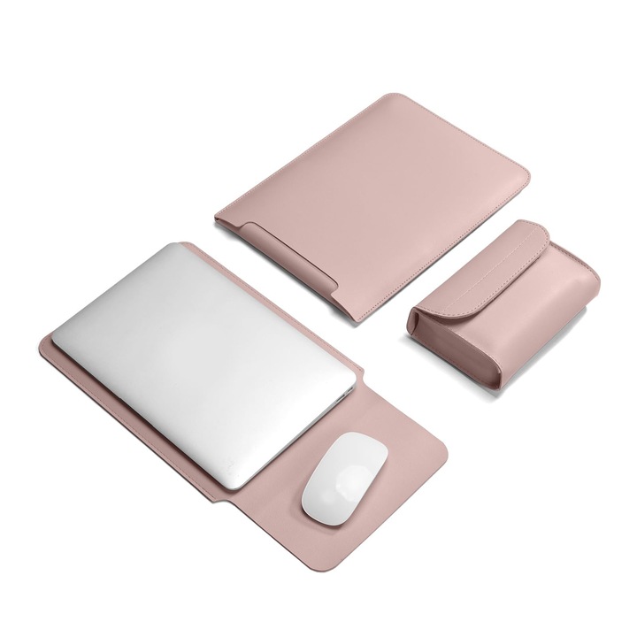 Чанта за лаптоп 15 инча, AllizBan®, съвместима с MacBook Pro, MacBook Air, с включена подложка за мишка, еко кожа, 28 x 38 см, розов
