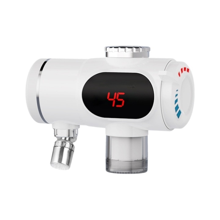 Konyhai mosogató elektromos csaptelep, LED digitális kijelző, 3000W, 220V, állítható hőmérsékletű víztisztító + univerzális fej, azonnali melegvíz 30°-60°C, víznyomás 0,04-0,6MPa, IPX4, biztonsági védelem, fehér