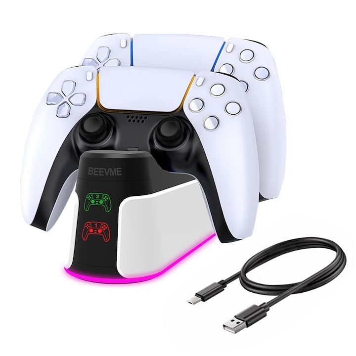 PS5 töltőállomás, PlayStation 5 kontroller állvány, 2 LED kijelzővel, RGB LED légzésfénnyel, gyorstöltő, BEEVME, fehér