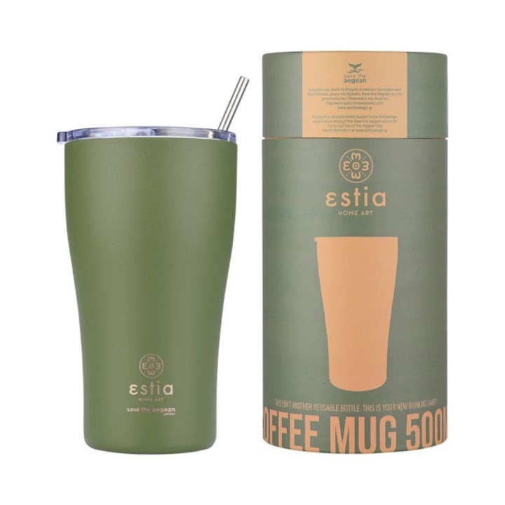 Cana termos Estia Home Art, Save the Aegean, 500ml, design unic, capac etans, verde