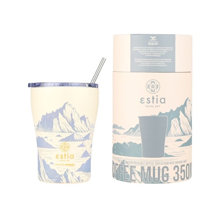 Cana termos Estia Home Art Save the Aegean, 350ml, design unic, bej/albastru