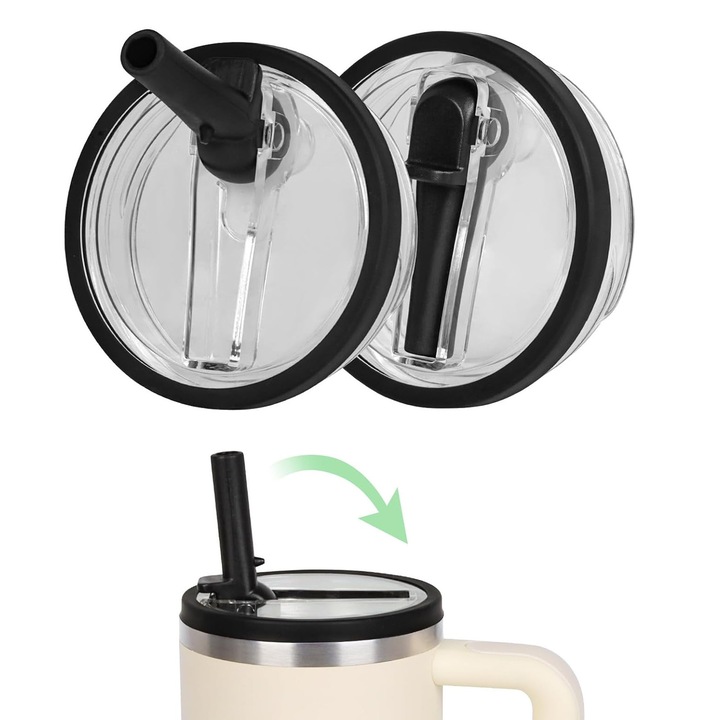 2 db Stanley bögre fedél készlet, Axroad Mall, 40 OZ-os cserefedél Stanley pohárhoz, Összecsukható szívószállal, Biztos rögzítés, Szivárgásmentes, Fröccsenésálló, Újrafelhasználható, Porvédelem, Műanyag, 9.9cm, Fekete