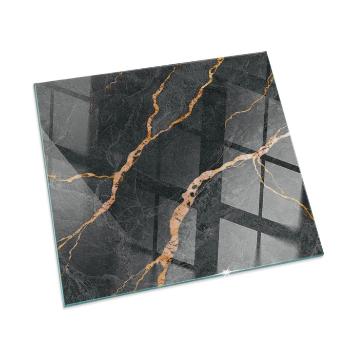 Placa de sticla pentru semineu, Tulup, Marmura eleganta cu vene, Negru, 50x50 cm, 010010780090000282599