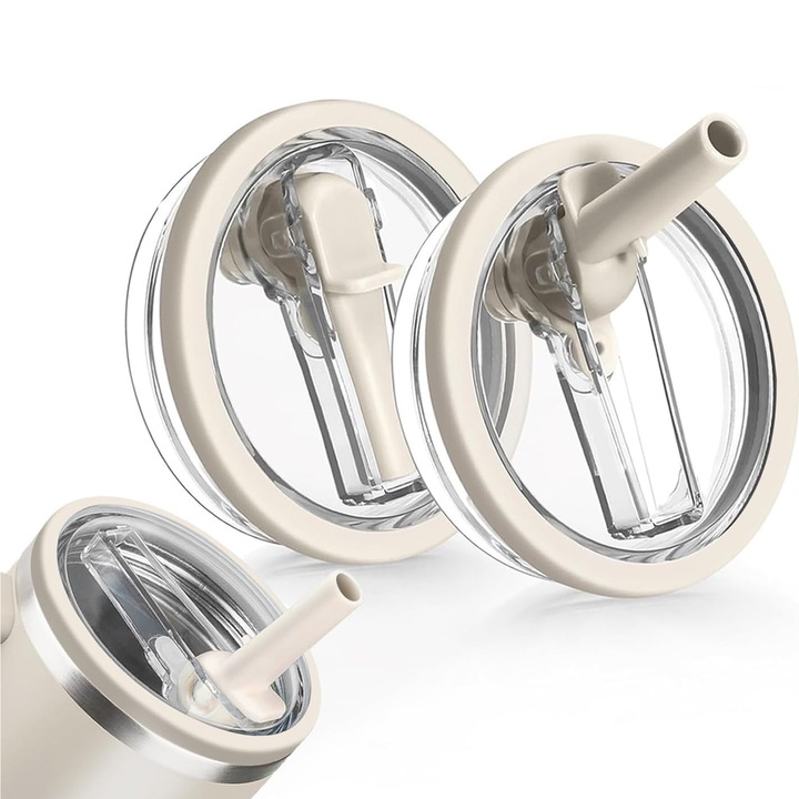 Set 2 capace pentru cani Stanley, Axroad Mall, Capac de schimb de 40 OZ potrivit pentru paharul Stanley, Cu pai pliabil, Fixare sigura, Etanse, Rezistent la stropire, Reutilizabil, Protectie impotriva prafului, Plastic, 9.9cm, Alb