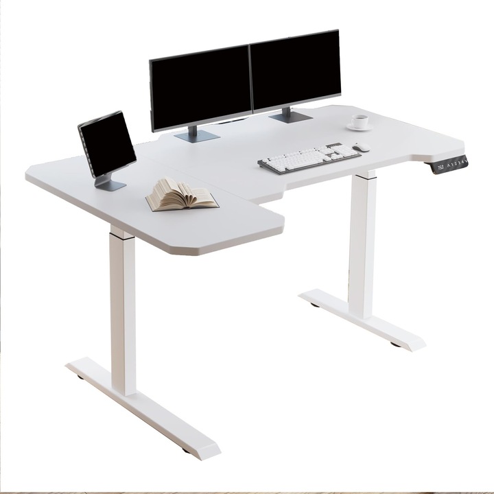 Birou Forma 150cm L-reglabil electric dublu alimentat pe inaltime, MDF Rezistent La Pete si murdarie/Otel, Cu inaltime reglabila electric, Top 150x78/100cm, Functii de Memoriea, Alb